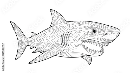 Great white shark illustration with intricate wavy line patterns and an open mouth showing sharp teeth on a white background.