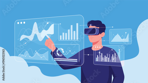 Young man wearing a VR headset interacting with floating holographic charts and digital data graphs in a virtual space.