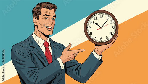 Smiling businessman in a suit pointing at a large wall clock emphasizing time management punctuality or a deadline.