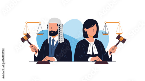 Male and female judges in black robes holding wooden gavels with gold justice scales in the background for a law concept.