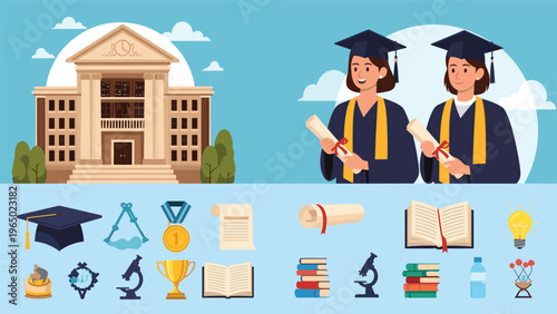 Comprehensive set of education icons featuring a university building graduates with diplomas books and gold trophies.