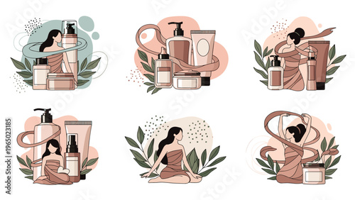 Collection of various skincare and beauty product bottles arranged with artistic female silhouettes and plant leaves.