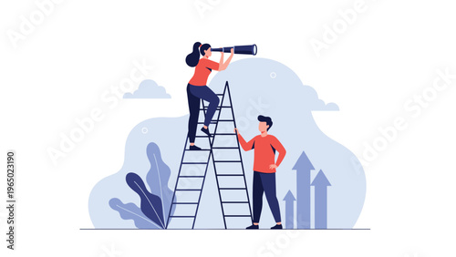 Teamwork concept illustration showing a woman on a ladder looking through a telescope while a man assists her below.