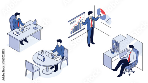 Isometric office environment with professionals working at desks and a man giving a presentation with charts and graphs.
