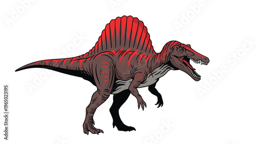 Detailed illustration of a Spinosaurus dinosaur with a large red sail on its back standing against a white background.
