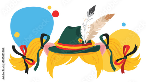 Traditional green alpine hat with feathers and yellow braids tied with ribbons on a colorful abstract background.