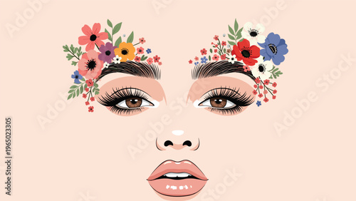 Artistic female face portrait with beautiful floral eyebrow decorations and long lashes on a peach background.