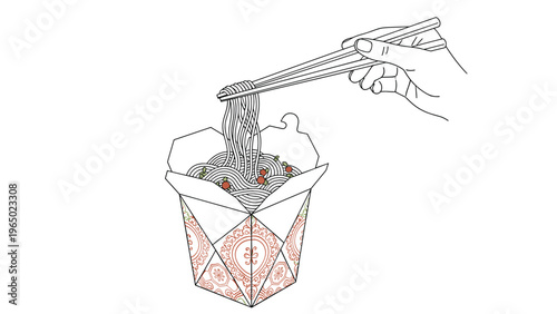 Hand holding chopsticks and pulling tasty noodles out of a classic paper takeout box with an ornate floral pattern design.