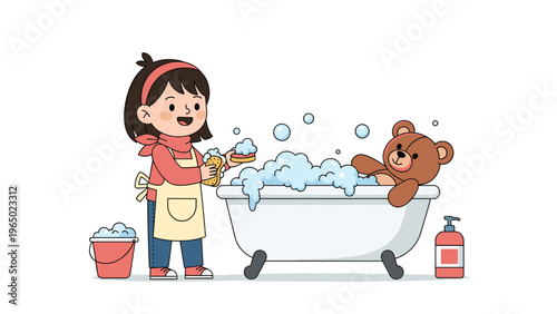 Smiling young girl wearing an apron and washing her favorite large brown teddy bear in a bathtub full of white soapy bubbles.