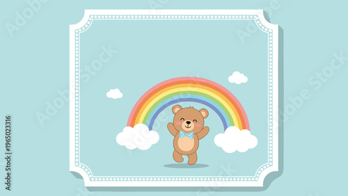 Cute teddy bear with a blue bowtie jumping for joy under a colorful rainbow and clouds in a decorative frame.