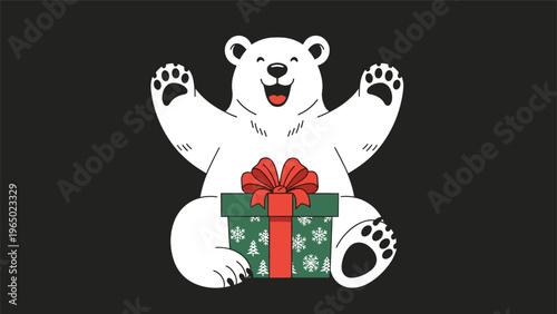 Happy white polar bear with its arms raised sitting behind a beautifully wrapped green gift box decorated with white snowflakes.