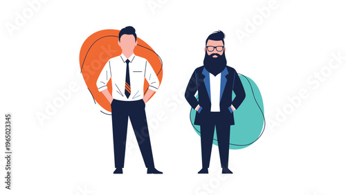 Professional illustration of two stylish businessmen standing confidently against abstract orange and turquoise shapes.