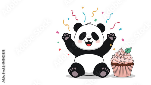 Cheerful panda bear sitting with its paws raised in celebration among colorful falling confetti next to a delicious cupcake.