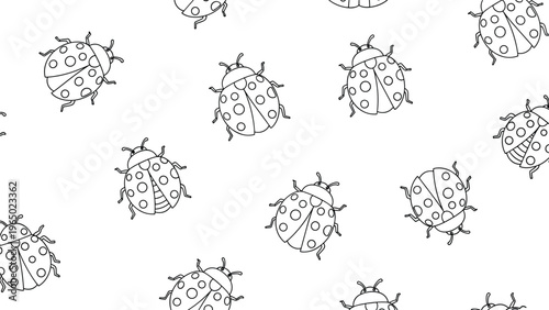 Seamless pattern featuring multiple black and white line art drawings of ladybugs with many spots crawling on a plain background.