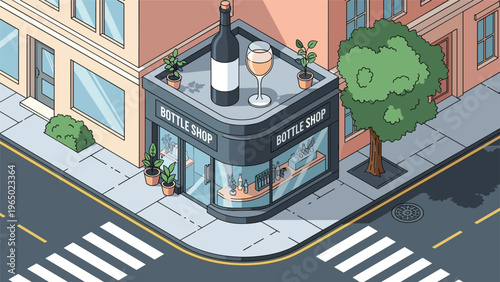 Charming isometric street corner building housing a bottle shop with an oversized wine bottle and glass display on the roof.