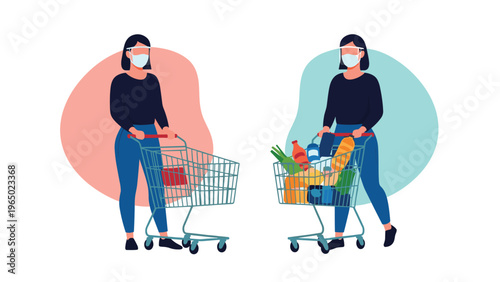 Two women wearing protective masks and visors while shopping for groceries to maintain safety and hygiene during a pandemic.