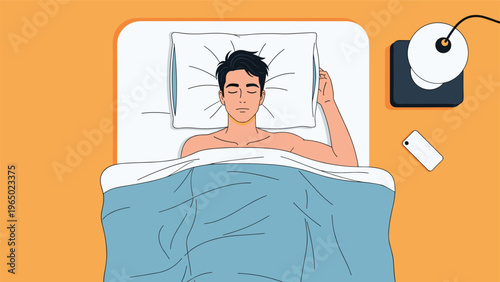 Peaceful young man with dark hair sleeping in a comfortable bed with a blue duvet and a smartphone on a yellow nightstand.