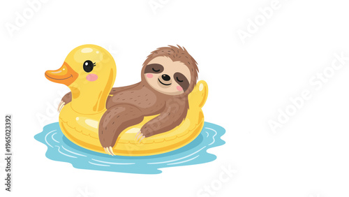 Adorable brown sloth peacefully sleeping while resting on a bright yellow rubber duck pool float in calm blue ocean water.