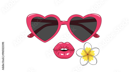 Stylish summer accessory set featuring pink heart shaped sunglasses, bright red lips, and a delicate white plumeria flower.