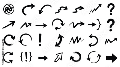 Collection of various hand-drawn black arrows, circles, and punctuation marks like question and exclamation points on a white background.