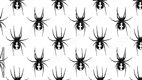 Seamless pattern featuring multiple black widow spiders with white cross markings on their backs over a clean white background.