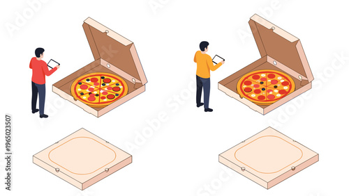 Two people using digital tablets to order or photograph large pizzas in open delivery boxes on a white background.