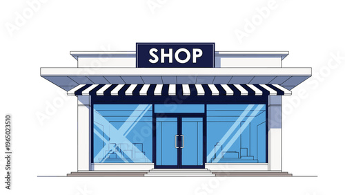 Modern storefront illustration with blue glass windows and a black and white striped awning on a plain white background.