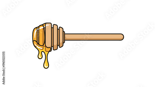 Wooden honey dipper stick with golden honey dripping down from the end isolated on a plain white background for food themes.