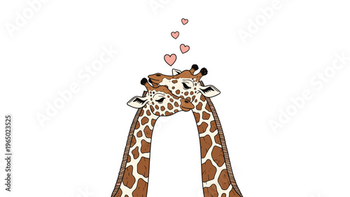 Illustration of two giraffes nuzzling their heads together with small pink hearts floating above them against a white background.