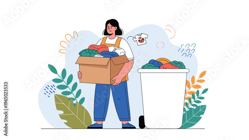 Illustration of a woman holding a box of colorful clothes next to a large white laundry bin or trash can for donation.