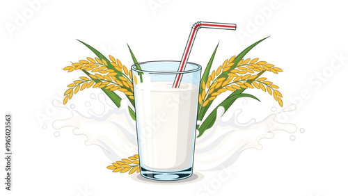 Tall glass of fresh white rice milk with a red and white striped straw surrounded by golden ears of rice and a splash.
