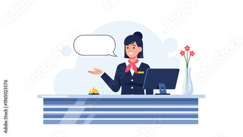 Friendly female hotel receptionist standing at a blue counter with a computer, bell, and flower vase in a lobby.