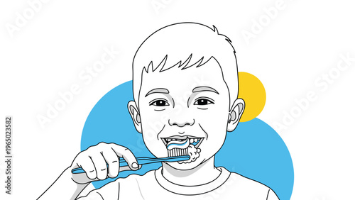 Young boy focuses on his dental hygiene routine by brushing his teeth with a blue toothbrush and foamy white toothpaste.