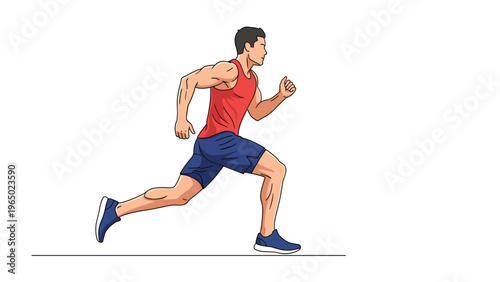 Athletic male runner in a red tank top and blue shorts is captured mid-stride while sprinting against a white background.