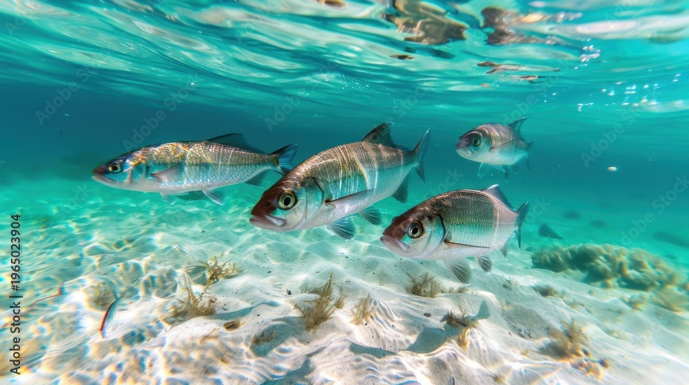 Fototapeta premium Underwater Scene with Tropical Fish Swimming Over Sandy Ocean Floor in Clear Blue Water