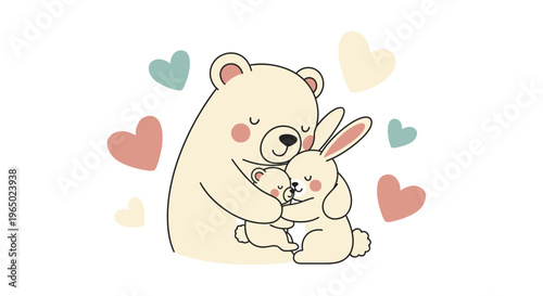A cute illustration of a bear hugging a rabbit surrounded by colorful hearts.