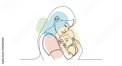 Mother tenderly hugging her baby in a loving embrace at home with pastel colors.