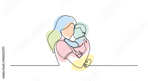 Mother tenderly holds and kisses her baby in a loving embrace at home with illustrations.