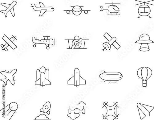 Aircraft and Aviation Line Icons Set - Planes, Helicopters, Drones, and Spacecraft Vector Elements