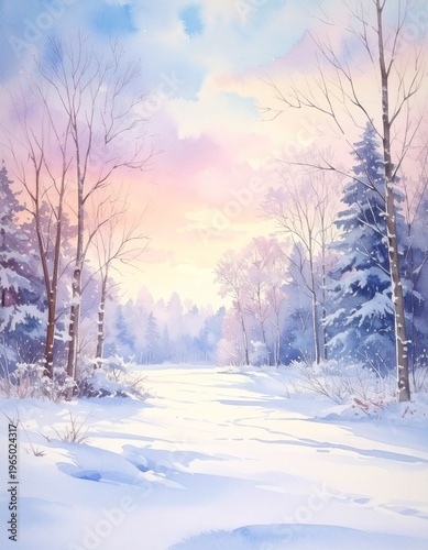 Soft winter light illuminates a snowy forest path, with bare trees and evergreens dusted in white, under a pastel sky