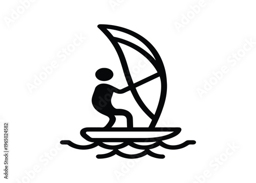 Illustration of a person windsurfing on waves, a sport combining sailing and surfing, perfect for sports or leisure content