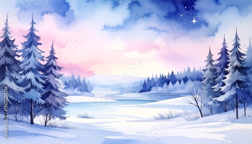 Serene Watercolor Winter Landscape Featuring Snow Covered Pine Forest and Soft Pastel Sky at Twilight