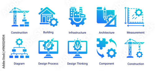 Construction and engineering icon set featuring building,infrastructure,architecture,and design process.Ideal for engineering and development projects.