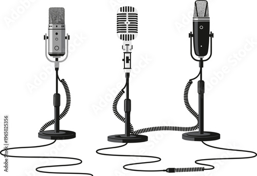 Vintage and modern studio microphones vector illustration set, retro broadcast mic with stand and cable isolated for podcast, radio, recording design