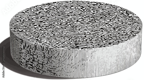 A three-dimensional circular object in grayscale, with textured top and cylindrical sides