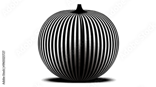 A digitally rendered spherical object with vertical black and white stripes and a dark stem