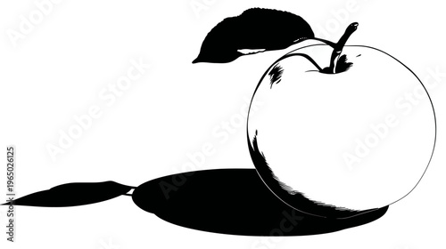Black and white illustration of an apple with a leaf and shadow on a plain white background