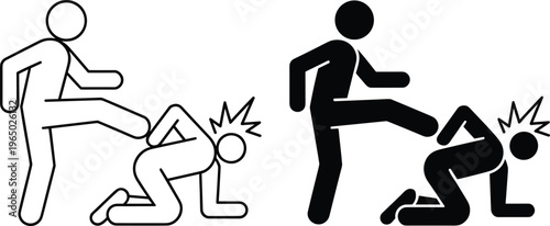 Violent assault icon set outline and solid style person kicking victim aggression abuse crime concept vector illustration isolated on white background