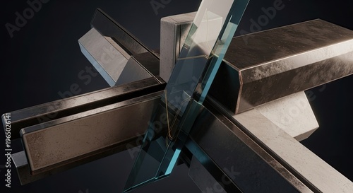 Geometric metal structure with intersecting lines and angles.