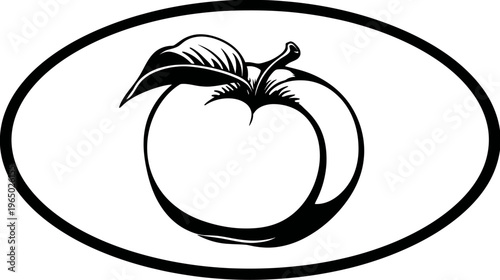 A black and white illustration of an apple with a leaf inside an oval frame